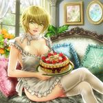  apron birthday blonde_hair breasts cake choker cleavage couch crossed_legs cushion food frilled_pillow frills green_eyes hamura_mayu large_breasts naked_apron original painting_(object) pastry pillow short_hair sitting solo strap_slip thighhighs 
