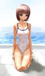  :o absurdres barefoot blue_eyes blush breasts brown_hair casual_one-piece_swimsuit collarbone hand_on_thigh highleg highleg_swimsuit highres kneeling navel nipples one-piece_swimsuit original pool poolside pubic_hair rasukaru ribs see-through short_hair small_breasts solo swimsuit thigh_gap water wet 