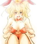  animal_ears bad_id bad_pixiv_id bankuro blonde_hair blue_eyes blush breasts bunny_ears bunnysuit cleavage excellen_browning large_breasts solo super_robot_wars super_robot_wars_original_generation 