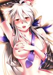  ahoge areolae armpits blush breasts caffein detached_sleeves hands highres large_breasts lips long_hair midriff nail_polish navel open_clothes open_mouth open_shirt purple_nails red_eyes shirt silver_hair solo tears vocaloid voyakiloid yowane_haku 