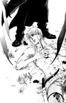  bow buckle buckles feathers flower knife lying male_focus midriff monochrome multiple_boys naono_bohra nipples petals ribbon rose shirtless shoes short_hair sword topless unzipped weapon white_background yaoi 