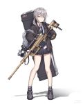  1girl american_flag backpack bag bolt_action cheytac_m200 commentary ear_protection full_body girls_frontline gloves gun highres holding holding_gun holding_weapon jacket m200_(girls_frontline) necktie rifle school_uniform scope silver_eyes silver_hair sniper_rifle solo trigger_discipline twintails vvy weapon white_background 