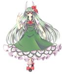  asagiri_(tokinedu) bow bowtie dress ex-keine full_body green_dress highres horn_bow horn_ornament kamishirasawa_keine long_hair looking_at_viewer puffy_short_sleeves puffy_sleeves red_bow red_neckwear short_sleeves solo standing touhou transparent_background very_long_hair 