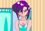  1girl 90s aliasing angry animahjong animahjong_v3 animated animated_gif bra gif lingerie looking_at_viewer lowres miyabi miyabi_(animahjong) nakajima_atsuko panties purple_hair solo underwear undressing 