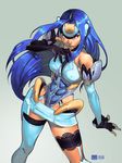  abs android blue_eyes blue_hair breasts covered_nipples david_grier elbow_gloves fingerless_gloves garters gloves kos-mos large_breasts leotard long_hair red_eyes solo thighhighs xenosaga xenosaga_episode_i 