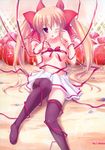  :p ;p absurdres blonde_hair copyright_request cream food fruit fujisaki_rei hair_ribbon highres miniskirt naked_ribbon one_eye_closed purple_eyes ribbon skirt solo strawberry thighhighs tongue tongue_out topless twintails zettai_ryouiki 