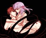  1girl bad_end black_background blood blood_on_breasts blood_on_face breasts brown_eyes cleavage closed_eyes collarbone dark_sakura emiya_shirou fate/stay_night fate_(series) hair_ribbon hips large_breasts matou_sakura nude parted_lips purple_hair red_hair red_ribbon ribbon scar scratches short_hair simple_background smile spiked_hair warakusa 