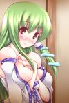  bare_shoulders blush breast_squeeze breasts detached_sleeves frog green_hair hair_ornament japanese_clothes kochiya_sanae large_breasts long_hair oohira_sunset smile snake solo touhou yellow_eyes 