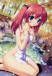  absurdres blue_eyes covering highres kneeling long_hair nude nude_cover onsen red_hair snow solo toma_(asagayatei) towel twintails watase_megu yunibaru! 