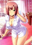  absurdres bed bedroom blush breasts cleavage clock dress_shirt green_eyes highres indoors koutaro large_breasts open_clothes open_shirt panties red_hair rio_rollins shirt short_hair sleeves_rolled_up solo stuffed_animal stuffed_toy super_blackjack underwear wince 