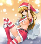  blonde_hair boots breasts brown_eyes capelet hat highres itoji knee_boots long_hair medium_breasts miniskirt nipples no_bra original panties pantyshot red_capelet sack santa_costume santa_hat sitting skirt snow solo striped striped_legwear striped_panties thighhighs underboob underwear 