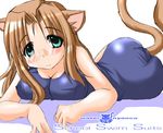  animal_ears breast_press breasts brown_hair cat_ears glasses green_eyes large_breasts long_hair lowres lying one-piece_swimsuit original school_swimsuit solo swimsuit tail tonpuu 