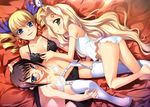  3girls barefoot bed blonde_hair blush bra brown_hair drill_hair garter_belt glasses green_eyes highres kakuka_(koihime_musou) kantaka koihime_musou lingerie multiple_girls panties scan sousou teiiku thighhighs twintails underwear underwear_only 