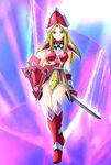  1girl armor blonde_hair breasts cleavage duel_monster helmet long_hair queen&#039;s_knight queen's_knight shield smile sword weapon yu-gi-oh! 