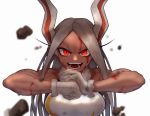  1girl animal_ears bare_shoulders blood blood_on_face boku_no_hero_academia breasts bunny_ears bunny_girl eungi gloves highres large_breasts long_hair looking_at_viewer mirko muscle muscular_female open_mouth red_eyes simple_background sleeveless solo teeth tongue upper_body white_background white_hair 