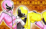  belt bodysuit boots hanaori_kotoha multiple_girls nyoro_(nyoronyoro000) pink_bodysuit pink_footwear samurai_sentai_shinkenger sentai shinken_pink shinken_yellow shiraishi_mako skirt skirt_lift super_sentai yuri 