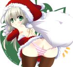  ass bare_shoulders bent_over blush christmas elbow_gloves from_behind gloves green_eyes hat kuronekogata long_hair looking_back original panties panty_pull red_gloves ribbon santa_costume santa_hat solo striped striped_panties thighhighs twintails underwear 