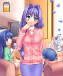  akiko_jam blue_eyes blue_hair braid covering_mouth feet hair_intakes heart housewife jam jar kanon living_room long_hair love_plus mature minaguchi_yuuko minase_akiko minase_nayuki multiple_girls oekaki parody purple_hair sawatari_makoto seiyuu_connection socks striped striped_legwear tsukimiya_ayu yuri zen 