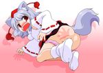  animal_ears ass blush detached_sleeves hand_print hat inubashiri_momiji mizuki_hitoshi red_eyes short_hair silver_hair slapping solo spanked tabi tail tokin_hat touhou wolf_ears wolf_tail 