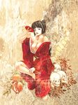  akiyama_nenehisa bangs bare_shoulders black_hair blunt_bangs breasts cup hair_bun japanese_clothes kimono large_breasts nipples no_bra off_shoulder original sakazuki short_hair sitting skull solo 