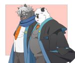  2023 anthro bear belly big_belly black_body black_nose blush bottomwear clothed clothing duo eyes_closed giant_panda hi_res inunoshippo kemono kokuba_hoeguro male mammal overweight overweight_male pants sasayama_akira shirt topwear virtual_youtuber white_body 