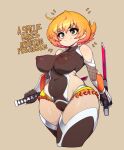  1girl absurdres blue_eyes bodystocking breasts brown_background brown_thighhighs closed_mouth commentary covered_nipples english_commentary english_text highres holding holding_sword holding_weapon igawa_sakura large_breasts nipples orange_hair short_hair simple_background slugbox smile solo sweat sword taimanin_(series) thighhighs thighs weapon 