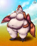  2023 absurd_res anneth_gacibbaw anthro avian beak big_breasts bird breasts chicken deep_navel digital_media_(artwork) english_text feathers featureless_breasts featureless_crotch female galliform gallus_(genus) hi_res huge_breasts if_hell_had_a_taste navel non-mammal_breasts obese obese_anthro obese_female overweight overweight_anthro overweight_female phasianid red_eyes solo text thick_thighs viroveteruscy wings 