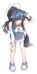  1girl absurdres animal_ears arm_support bangs bent_over black_hair blue_archive blunt_bangs bracelet breasts cheerleader cleavage collarbone commentary_request dog_ears dog_girl dog_tail eyes_visible_through_hair eyewear_on_head facial_tattoo full_body grey_eyes halo head_tilt hibiki_(blue_archive) hibiki_(cheerleader)_(blue_archive) highres jewelry long_hair looking_away looking_to_the_side official_alternate_costume parted_lips polyvora ponytail shoes sidelocks simple_background sleeveless sneakers solo standing star_tattoo sunglasses sweat tail tattoo white_background 