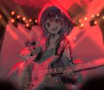  1girl @_@ bachi bangs bass_guitar black_bow black_jacket blurry bocchi_the_rock! bow braid dress green_dress guitar hair_bow hair_over_shoulder highres hiroi_kikuri holding holding_instrument instrument jacket long_hair long_sleeves multicolored_clothes multicolored_jacket mutomorokoshi open_clothes open_jacket open_mouth plectrum purple_eyes purple_hair sharp_teeth single_braid solo teeth two-tone_jacket white_jacket 