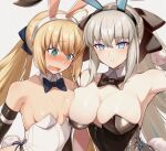  2girls animal_ears artoria_caster_(fate) artoria_pendragon_(fate) bangs black_bow black_gloves blonde_hair blue_eyes blush bow braid breasts closed_mouth cluseller collar elbow_gloves fate/grand_order fate_(series) gloves green_eyes grey_hair hair_bow large_breasts long_hair looking_at_viewer morgan_le_fay_(fate) multiple_girls open_mouth rabbit_ears small_breasts smile swimsuit twintails very_long_hair white_background 