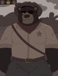  2023 anthro bear biped bottomwear clothing cowboy cowboy_hat detailed_background emoji eye_patch eyewear hat headgear headwear hi_res male mammal outside pants scar shirt slightly_chubby solo thebearalliance topwear 