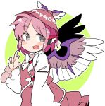  1girl animal_ears bird_ears bird_wings blush brown_dress brown_headwear dress earrings fang frilled_sleeves frills grey_eyes hat ini_(inunabe00) jewelry long_sleeves mystia_lorelei open_mouth pink_hair short_hair single_earring skin_fang smile solo touhou upper_body white_wings wide_sleeves winged_hat wings 