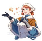  1girl :d annette_fantine_dominic blue_gloves breasts capelet commentary cropped_torso dress fire_emblem fire_emblem:_three_houses fire_emblem_warriors:_three_hopes gloves green_eyes head_scarf highres medium_breasts musical_note open_mouth orange_capelet orange_hair short_hair sierra117renner simple_background smile solo upper_body white_background white_dress 