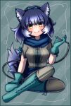  1girl alice_in_wonderland animal_ears blue_hair blurry blurry_background boots closed_mouth dire_wolf_(kemono_friends) extra_ears gloves highres hikarikmy kemono_friends kemono_friends_v_project long_hair looking_at_viewer pants parody ribbon scarf shirt simple_background smoking_pipe solo tail virtual_youtuber wolf_ears wolf_girl wolf_tail yellow_eyes 