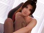  1girl 3d bare_shoulders black_eyes breasts brown_eyes brown_hair fatal_fury japanese_clothes large_breasts long_hair looking_at_viewer maiohmai neck shiranui_mai sitting solo the_king_of_fighters thighhighs 