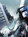  1girl absurdres alternate_eye_color aqua_hair aqua_nails aqua_necktie bangs bar_censor bare_shoulders black_skirt black_sleeves black_thighhighs blurry blurry_background building censored city collapsing collared_shirt detached_sleeves dutch_angle expressionless floating_hair glowing glowing_eyes grey_shirt hatsune_miku highres identity_censor light_frown long_hair looking_ahead multiple_views necktie outdoors overcast own_hands_clasped own_hands_together pink_eyes pleated_skirt ringed_eyes rubble screen shadow shirt skirt skyscraper sleeveless sleeveless_shirt thighhighs tokumei_m_(vocaloid) twintails very_long_hair video_camera vocaloid wankyuu 