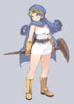  1girl blue_eyes blue_hair boots breasts cape circlet dragon_quest dragon_quest_iii dress elbow_gloves full_body gloves highres large_breasts long_hair mota sage_(dq3) simple_background skirt smile solo staff 