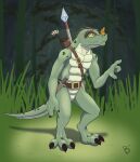  absurd_res anthro arrow_(weapon) arthropod belt belt_buckle birbdrain butterfly cel_shading claws digital_drawing_(artwork) digital_media_(artwork) digitigrade forest forest_background grass green_body green_scales green_skin hi_res insect knife lepidopteran lizard lizardfolk male melee_weapon nature nature_background plant polearm quiver raised_finger ranged_weapon reptile scales scalie shaded solo spear teeth toe_claws tree weapon yellow_eyes 