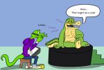  2023 3_toes 4_fingers alligator alligatorid anthro blush bottomwear brok_(character) brok_the_investigator clothing crocodilian dialogue duo english_text feet fingers green_body hi_res hoodie humanoid_hands jolly_the_lizard jollyville lizard male pants reptile scalie sitting slightly_chubby text toes topwear 
