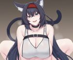  1girl :d absurdres animal_ear_fluff animal_ears arknights black_hair blaze_(arknights) blue_eyes breasts cat_ears cleavage commentary grey_background hair_between_eyes hairband highres kanta_(kanta_077) large_breasts long_hair looking_at_viewer navel open_mouth red_hairband smile solo squatting tank_top thighs very_long_hair white_tank_top 