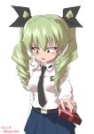  1girl absurdres anchovy_(girls_und_panzer) anzio_school_uniform bangs black_necktie black_ribbon blue_skirt blush cowboy_shot dated dress_shirt drill_hair drops_mint emblem frown gift girls_und_panzer giving green_hair hair_ribbon highres holding holding_gift long_hair long_sleeves looking_away miniskirt necktie open_mouth pleated_skirt red_eyes ribbon school_uniform shirt simple_background skirt solo standing sweatdrop tsundere twin_drills twintails valentine white_background white_shirt wing_collar 