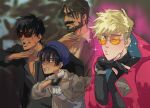  3boys beard black_hair blonde_hair breasts cigarette dark-skinned_female dark_skin earrings facial_hair hat jacket jewelry lips meryl_stryfe multiple_boys mustache nicholas_d._wolfwood roberto_de_niro single_earring sunglasses trigun trigun_stampede vash_the_stampede zr_zeraki 