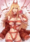  1girl blonde_hair breasts chainsaw_man cross-shaped_pupils heart highres horns jacket jammeryx long_hair nail_polish naked_ribbon navel open_mouth petals power_(chainsaw_man) red_horns red_jacket red_ribbon ribbon sharp_teeth smile solo symbol-shaped_pupils teeth tongue tongue_out valentine yellow_eyes 