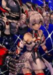  1girl absurdres bangs bare_shoulders black_gloves bronya_zaychik bronya_zaychik_(drive_kometa) closed_mouth dress drill_hair gloves grey_eyes grey_hair highres honkai_(series) honkai_impact_3rd kayaya_(kiryuushi) looking_at_viewer non-humanoid_robot project_bunny red_thighhighs robot solo thighhighs twin_drills white_dress zettai_ryouiki 