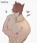  1boy animal_ears bangs bara before_and_after brown_hair crossed_arms large_pectorals league_of_legends male_focus muscular muscular_male nipples pectorals ryub scar scar_on_face scar_on_nose sett_(league_of_legends) short_hair simple_background solo topless_male upper_body white_background 