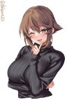  1girl alternate_costume bangs black_sweater blush breasts brown_hair cropped_torso ebifurya green_eyes hair_between_eyes hand_up highres kantai_collection large_breasts long_sleeves looking_at_viewer mutsu_(kancolle) one-hour_drawing_challenge one_eye_closed open_mouth ribbed_sweater short_hair simple_background smile solo sweater turtleneck turtleneck_sweater twitter_username upper_body white_background 