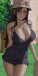  1girl arm_support bare_arms black_hair blue_eyes blurry blurry_background blush breasts cleavage closed_mouth dress eyewear_on_headwear glasses hat highres large_breasts long_hair looking_at_viewer nico_robin one_piece oroborus solo standing sunglasses tree white_headwear 