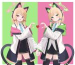  2girls absurdres animal_ear_headphones animal_ears aqua_necktie black_thighhighs blonde_hair blue_archive blush bow cat_ears cat_tail contrast fake_animal_ears hair_bow halo headphones heart heart_hands heart_hands_duo highres hiyayo25 holding_hands looking_at_viewer midori_(blue_archive) momoi_(blue_archive) multiple_girls necktie polar_opposites siblings sidelocks simple_background sisters smile symmetry tail thighhighs twins zettai_ryouiki 