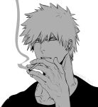  1boy asure_(asure_twi) bleach cigarette greyscale highres holding holding_cigarette kurosaki_ichigo looking_at_viewer male_focus monochrome parted_lips short_hair smoking solo spiked_hair upper_body 