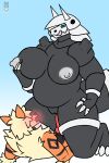  aggron anthro arcanine big_breasts breasts duo female female_on_top generation_1_pokemon generation_3_pokemon genitals hi_res larger_female male male/female nintendo nipples nude on_top penis pokemon pokemon_(species) simple_background sirdoomwolf size_difference 